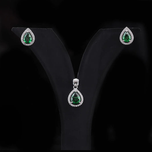 Emerald Drop Halo Pendant & Earrings Set Flaunt Glow