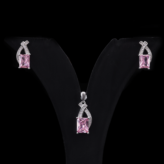 Pink Princess Cut Pendant Earrings Set Flaunt Glow