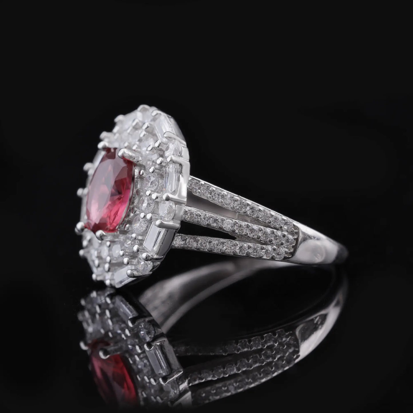 Red Stone Halo Engagement Ring Flaunt Glow