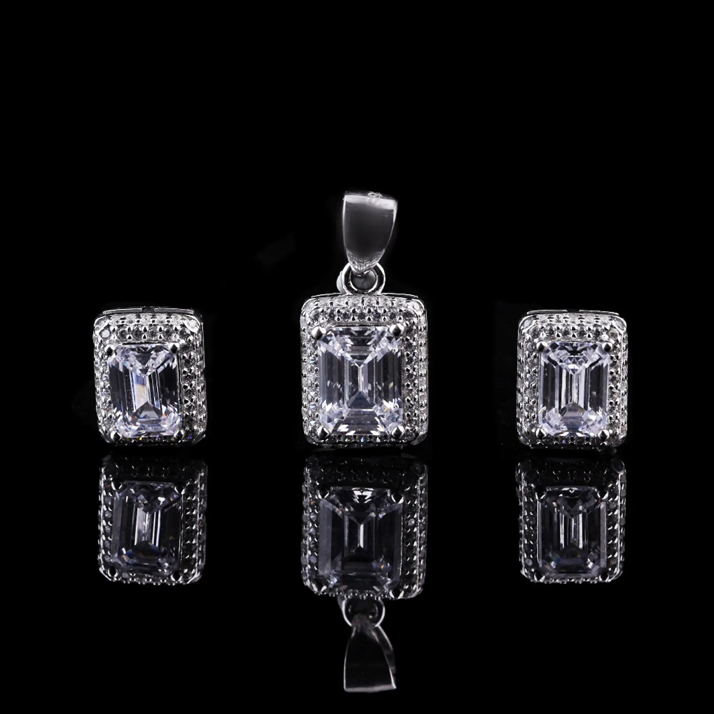 Emerald Cut Halo Jewelry Set Flaunt Glow