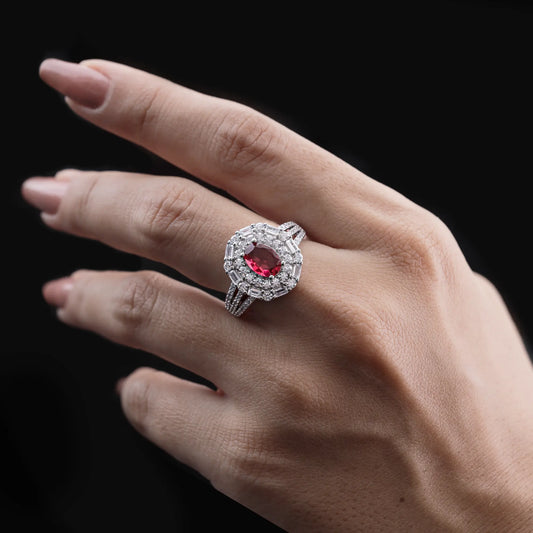 Red Stone Halo Engagement Ring Flaunt Glow