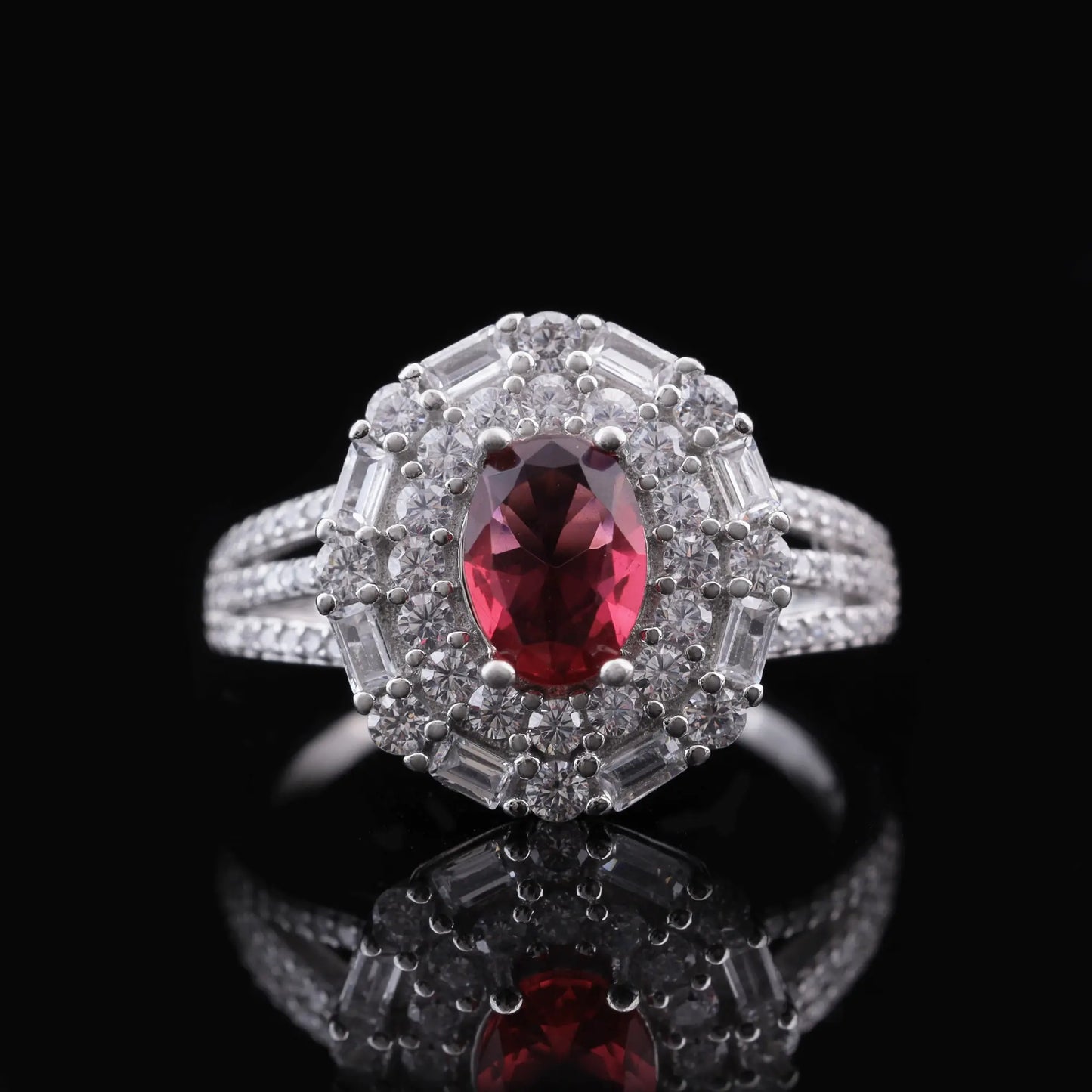 Red Stone Halo Engagement Ring Flaunt Glow