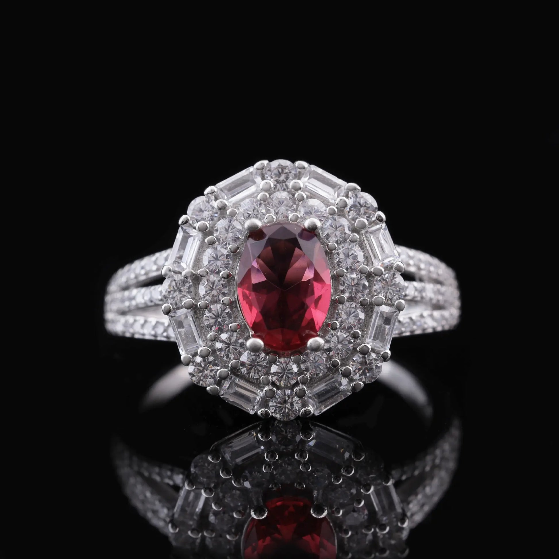 Red Stone Halo Engagement Ring Flaunt Glow