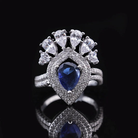 Royal Blue Sapphire Crown Halo Statement Ring Flaunt Glow