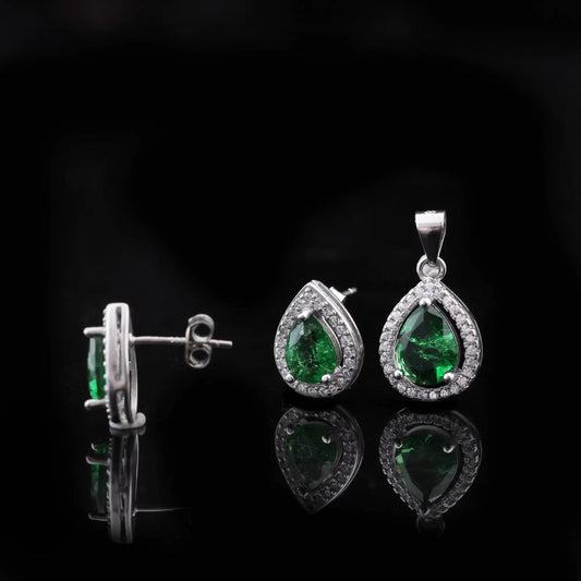 Emerald Drop Halo Pendant & Earrings Set Flaunt Glow