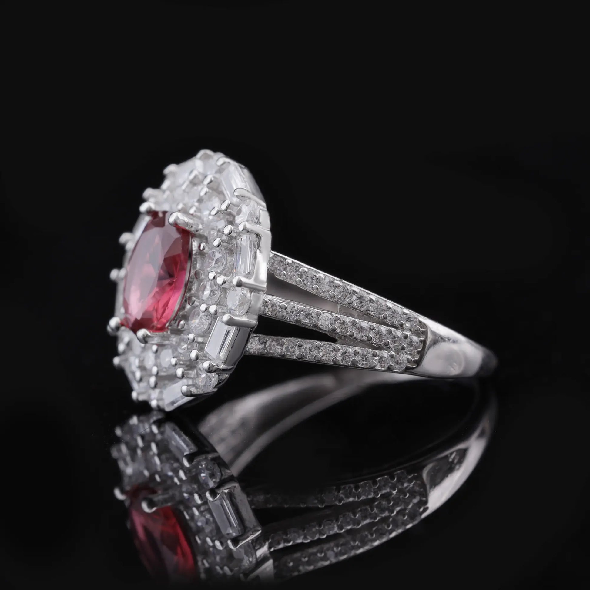Red Stone Halo Engagement Ring Flaunt Glow