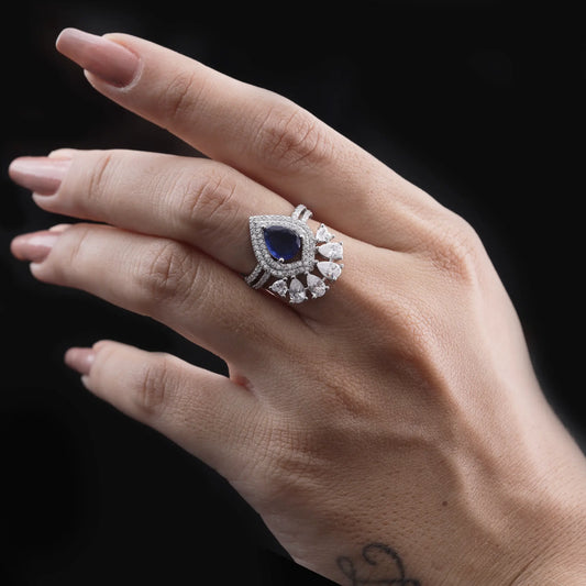 Royal Blue Sapphire Crown Halo Statement Ring Flaunt Glow