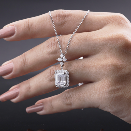 Emerald Cut Halo Pendant Necklace Flaunt Glow
